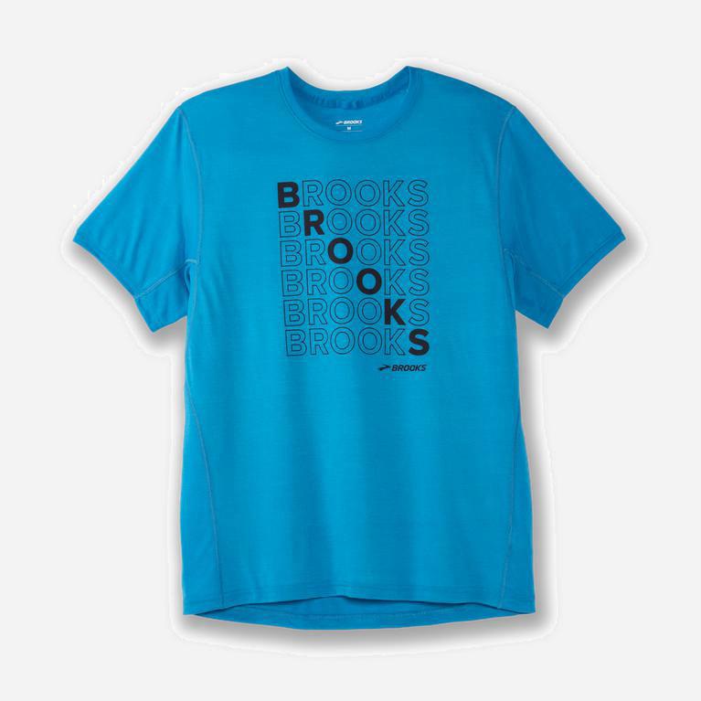 Brooks Men's Distance Graphic Short Sleeve Running Shirt Singapore - Electric Blue/Repeat (51647-LEH